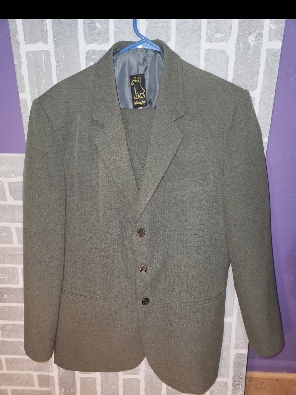 Men's Olive Green Textured Blazer - Classic Three-Button Vintage polyester